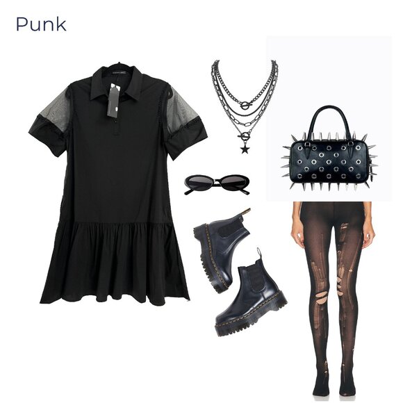 Dropwaist Mesh Sleeve Shirt Mini Dress - Black - POCKETS - Picture 3 of 15